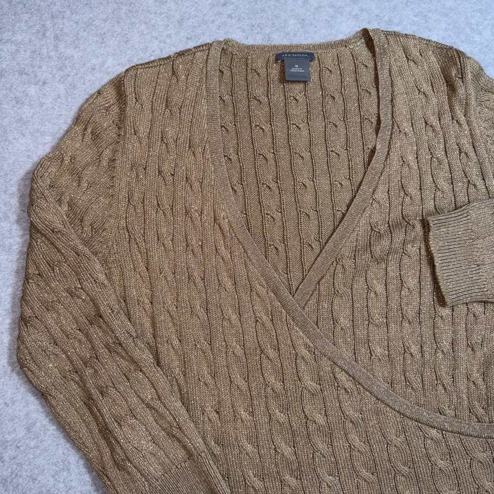 Ann Taylor Faux Wrap Cable Knit Sweater Women Size M Gold Metallic Silk Blend